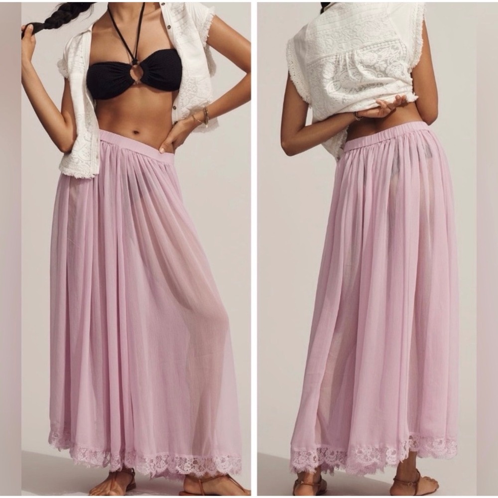 Anthropologie Lilac Maxi Skirt Sheer Lace Hem Luxury Feminine Dainty Purple Full